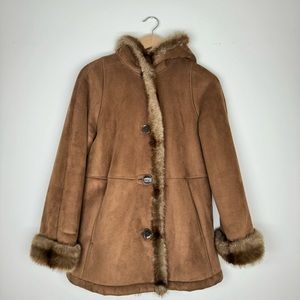 VINTAGE faux suede leather mob wives fur coat penny lane hooded